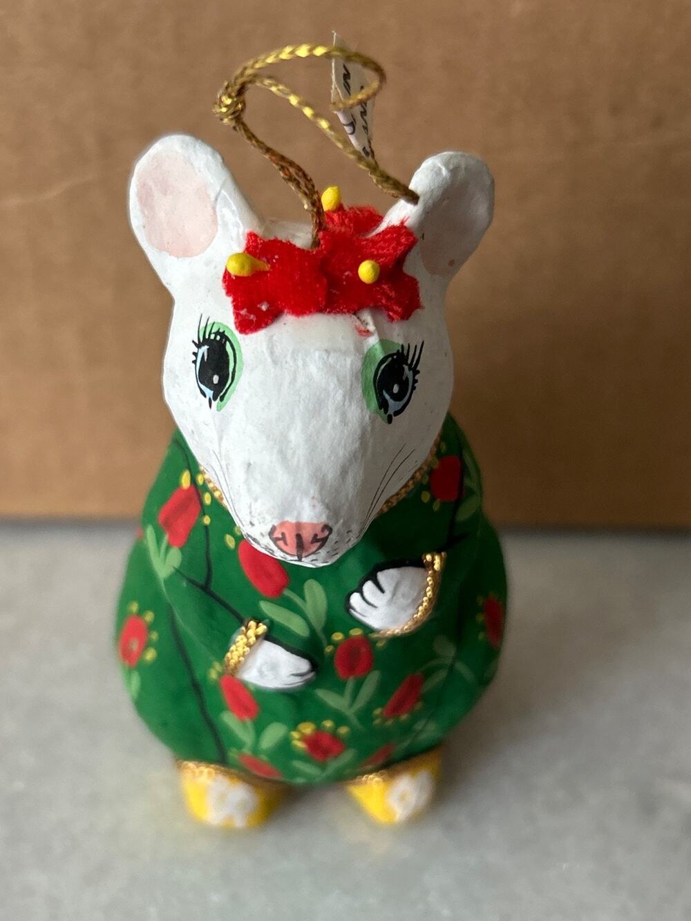 Vintage Papier-Mâché Christmas Mouse Ornament – Hand-Painted Whimsical Kitsch Ho